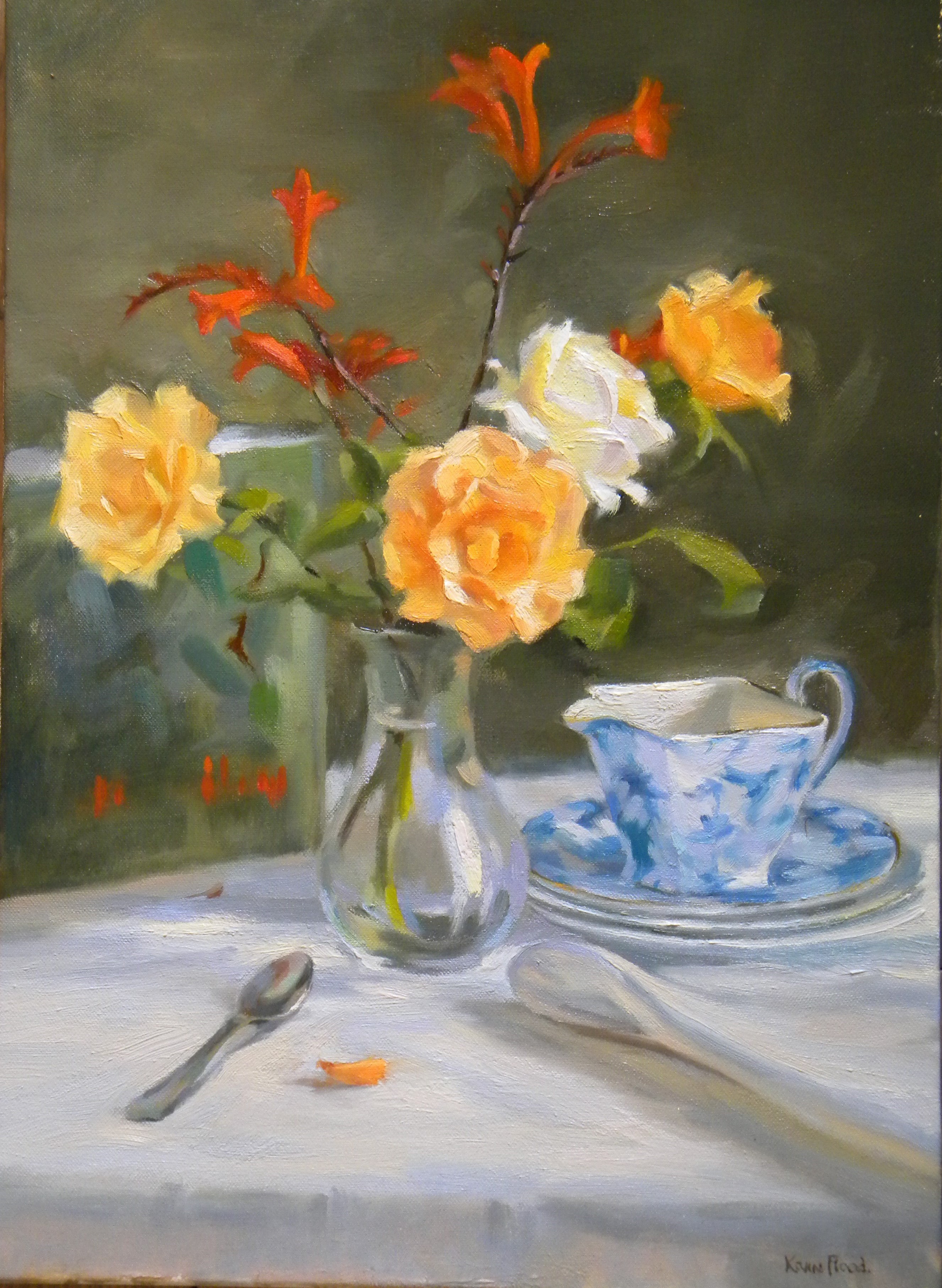 Still Life with roses and patterned blue jug Oil on canvas  15in x 19in © Kevin Flood
